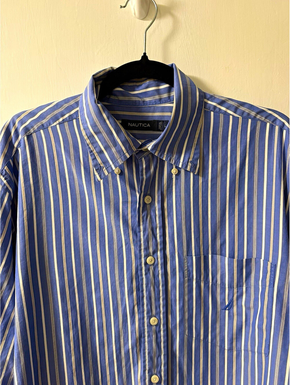 Nautica Men's L Blue White Striped L/S Button-Down Cotton Woven Button-Up Shirt